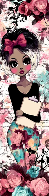 Free teacher bookmark featuring a teacher with pretty writing and floral pants